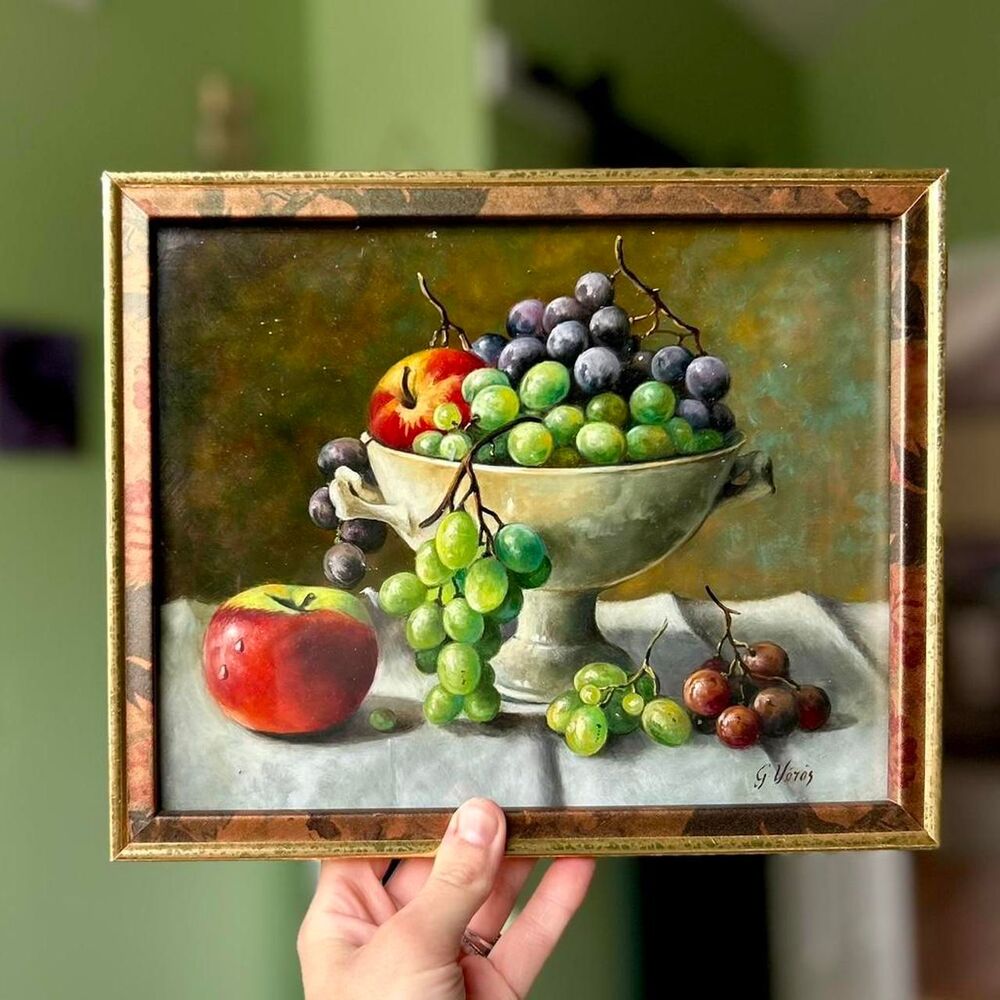 VTG Framed Still Life of Fruit Bowl On Table Grapes + Apples